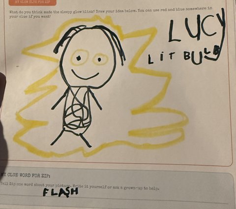 A child’s drawing of a smiling lightbulb character surrounded by a yellow glow, with the word Flash below