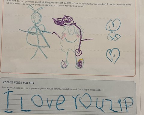 A child’s colorful drawing and handwritten words I love you Zip