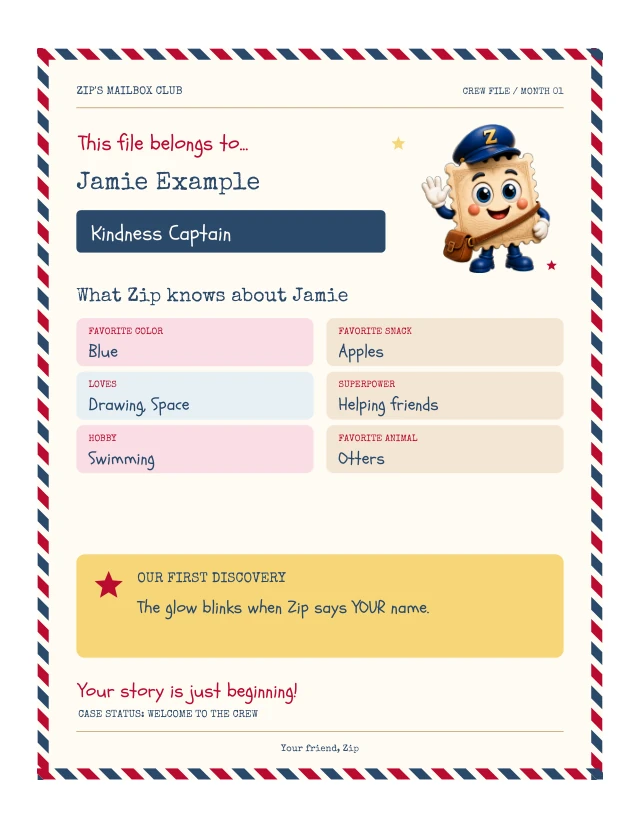 Crew Member File showing fictional Jamie’s favorite color, animal and interests