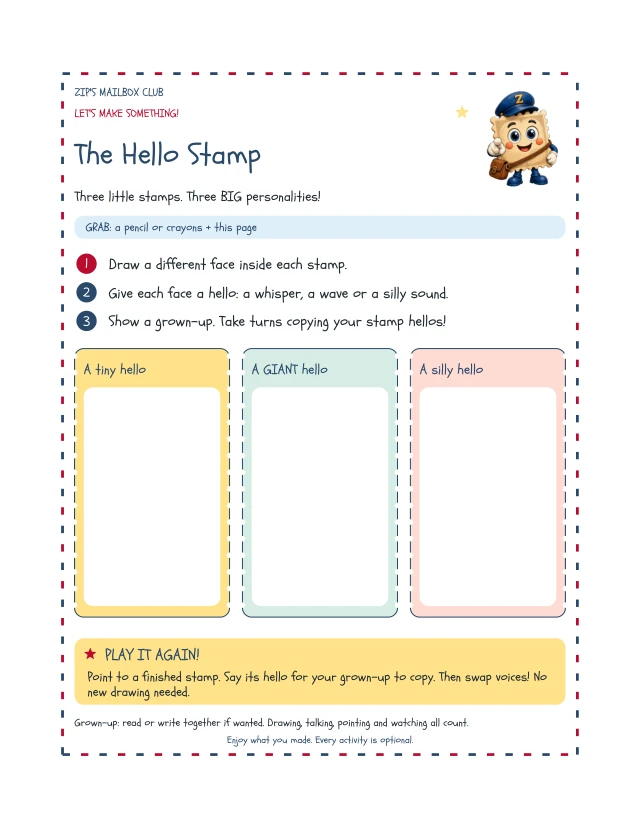 The Hello Stamp activity with three colorful drawing spaces and numbered instructions