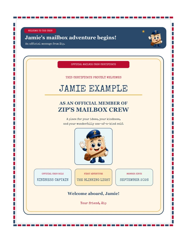 Mailbox Crew membership certificate personalized for fictional Jamie Example