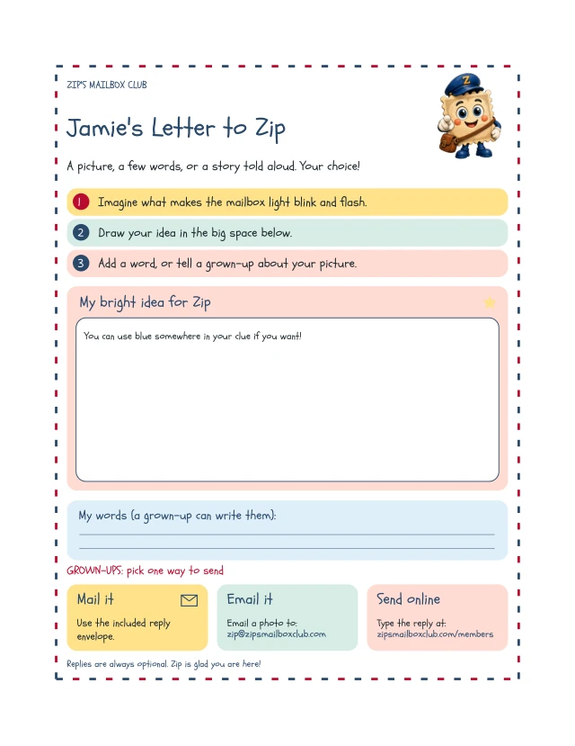 A letter-to-Zip reply page personalized for fictional Jamie, with a large drawing space