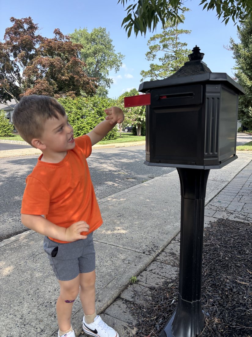 A young boy reaching up to raise the red flag on the family mailbox