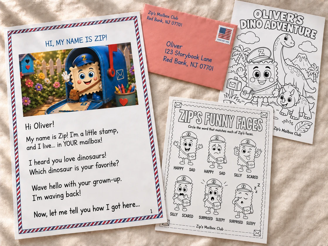 A personalized letter to Oliver beside a pink addressed envelope, Zip's Funny Faces activity and Oliver's dinosaur coloring page